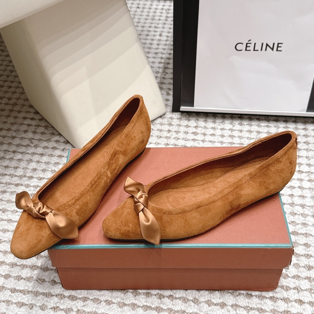 Loro Piana Suede Knot-Bow Pointed Flats in Cognac Tan - Picture 3 of 9